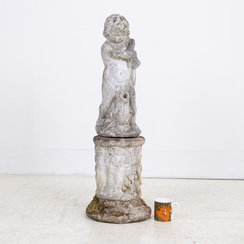 Delightful Garden Stone Putti Cherub On Plinth