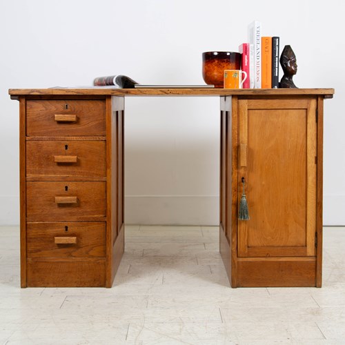 Early Vintage Oak Esavian ESA Twin Pedestal Desk