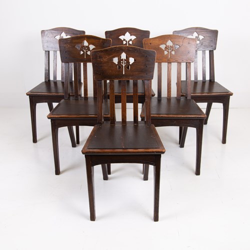 6 French Art Nouveau Oak Dining Chairs By Leon Jallot C1905