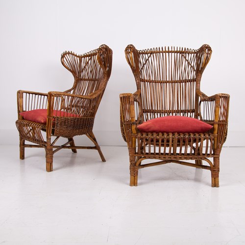  Mid Century Italian Wicker & Bamboo Wingback Armchairs