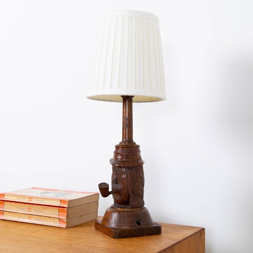 Charming Oak Table Lamp Chap Smoking A Pipe C1930
