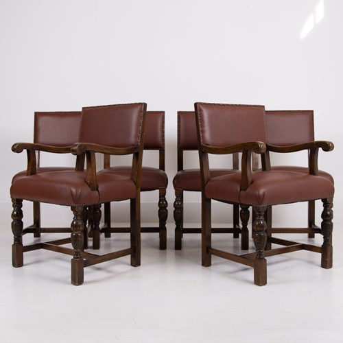 Handsome Set Of 6 Oak And Leather Dining Chairs