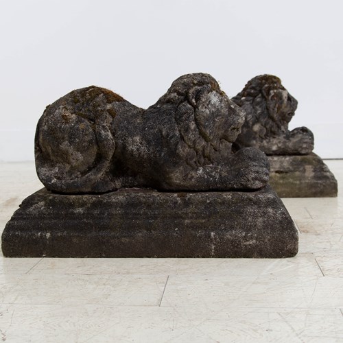 Pair Recumbent Lions On Plinths In Cast Stone C1950