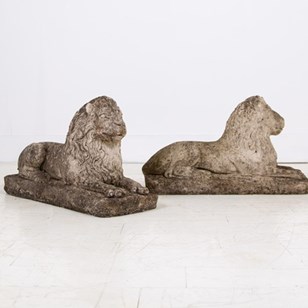 Pair Of Weathered Stone Garden Lion...