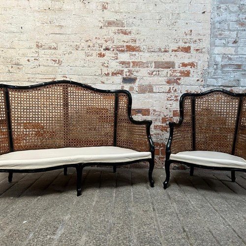 Fine Early 20Th Century Black Ebonised Faux Bamboo Bergere Suite 