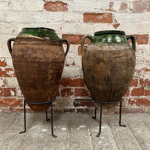 Pair Early/Mid C20th Turkish Terracotta Olive Pots Green Glazed Tops With Stands