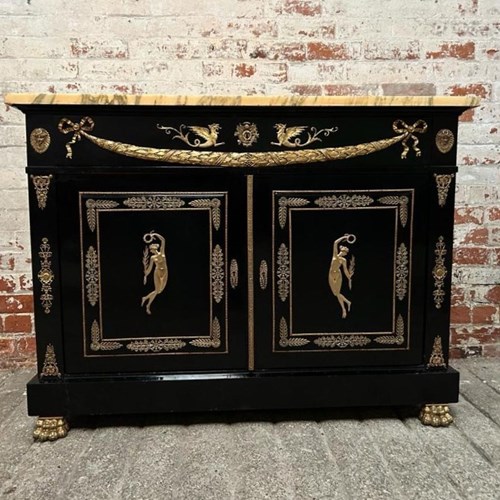 Napoleon III Ebonised Ormolu Mounted Marble Top Oak Side Cabinet Cupboard