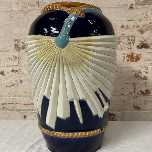 Large French Art Deco Blue & White Ceramic Vase 