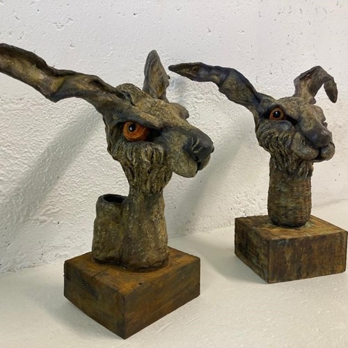 Pair Wonderful Idiosyncratic Hare Sculptures Busts