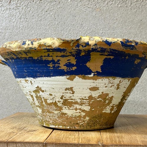 Large French Nineteenth Century Blue Yellow White Terracotta Tian Dairy Bowl 