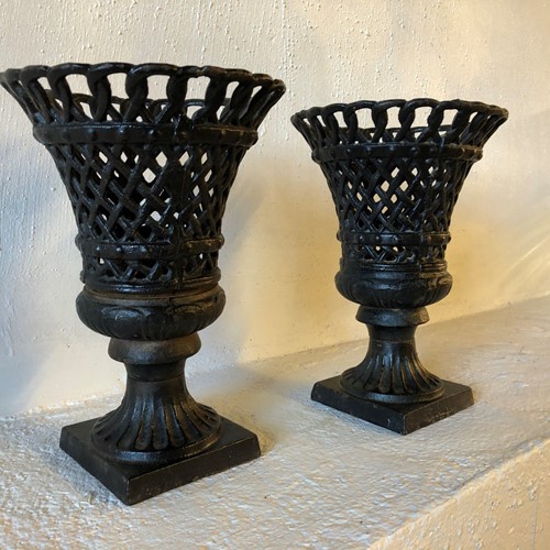 Pair of Victorian Black Cast Iron Lattice Urns