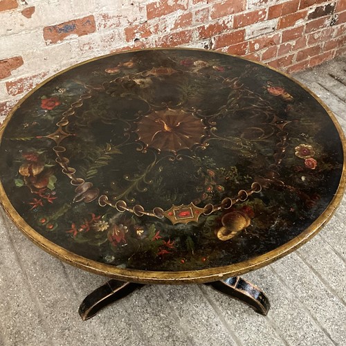 C19th Floral Hand Painted Ebonised Centre Table 