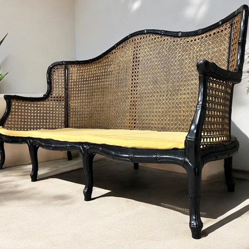 Early-Mid 20Th Century Ebonised Faux Bamboo Three Seater Bergere Settee 