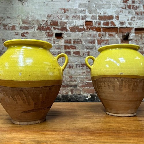 Pair Of Vintage Part Yellow Glazed Decorative Terracotta Pots 