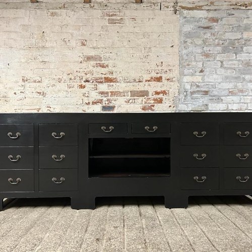 Large 2.66M Long Early/Mid C20th Black Sideboard Bank Of Drawers 