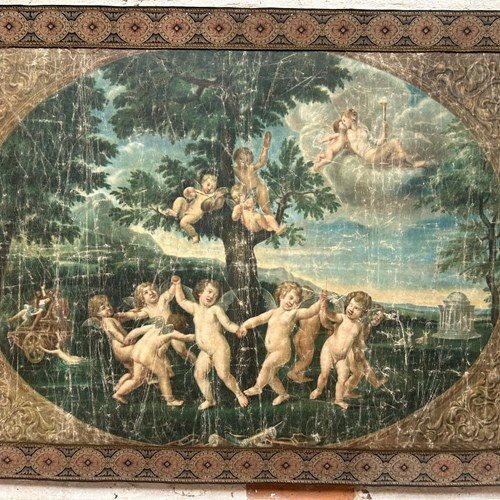 Fabulous Large Vintage Fabric Wall Hanging Of Renaissance Putti Cherub Scene
