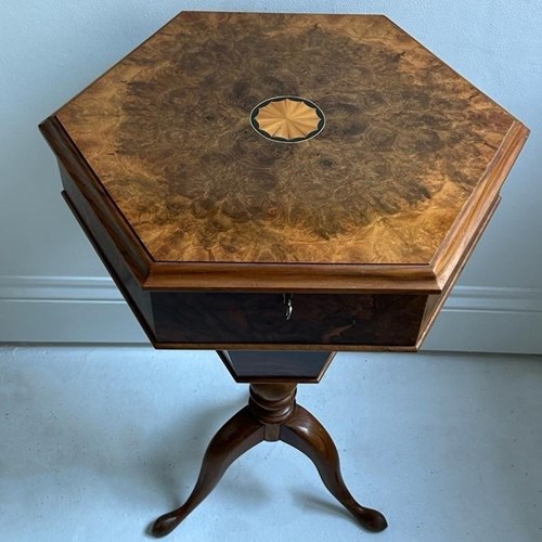 Vintage Burr Walnut Hexagonal Trumpet Sewing Box Table