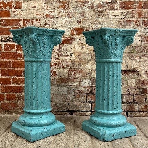 Pair Of Turquoise Corinthian Plaster Columns Pedestals 
