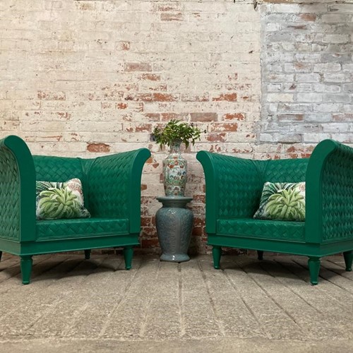 Stunning Pair Mid-Century Green Rattan Armchairs