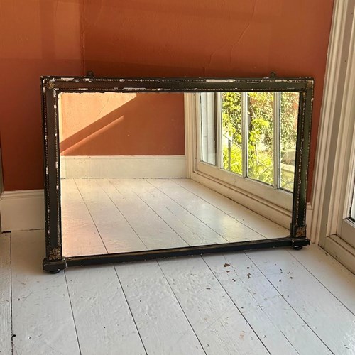 Antique Distressed Black And Gilt Over Mantle Mirror