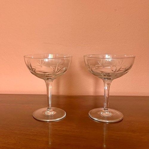 Vintage Pair Of Crystal Champagne / Coupes Glasses 