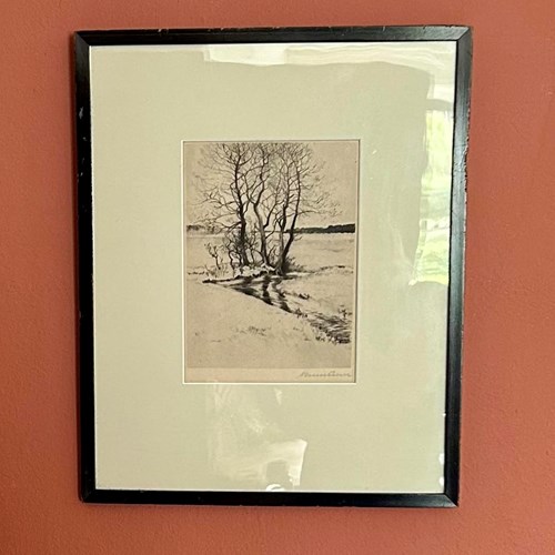 Original 19Th Century Antique Pencil & Charcoal Drawing Of Trees & River