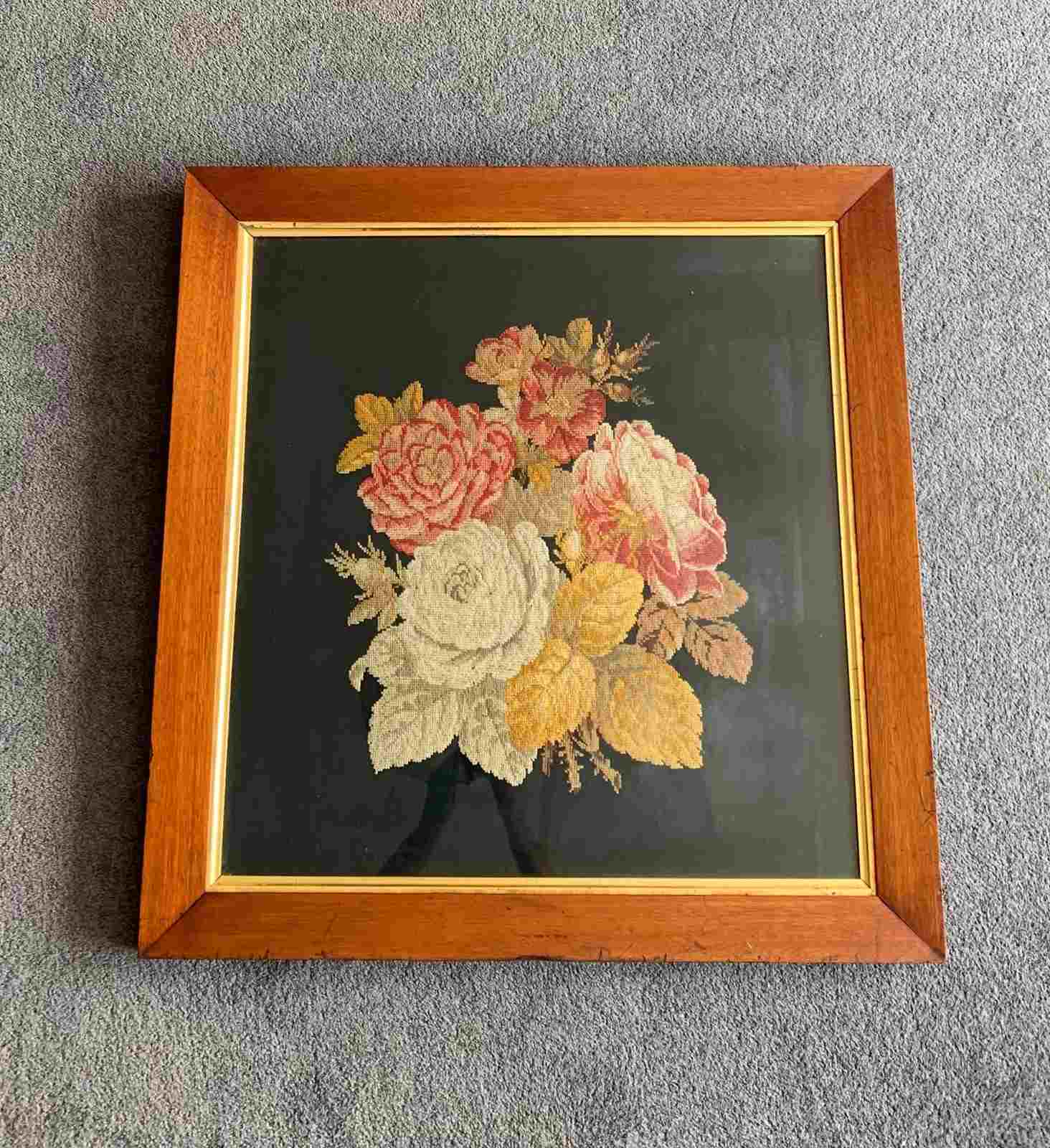 Victorian Framed Floral Tapestry On Velvet - The Hoarde Vintage