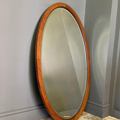 Large Oval Wooden Framed Inlaid Mirror With Bevelled Glass