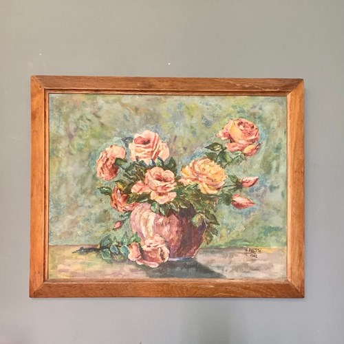 Pink Roses In A Vase Oil Painting Signed