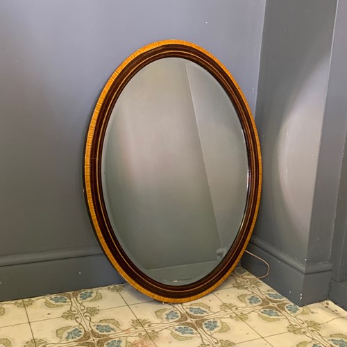 Vintage Oval Mirror With Decorative Wood Frame And Bevelled Glass