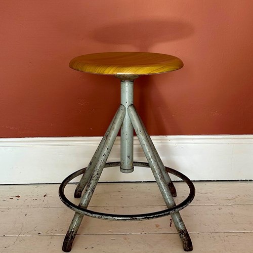 Vintage Industrial Style Metal Stool With Wooden Seat