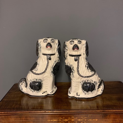 Pair Of Large Victorian Black & White Staffordshire Spaniels