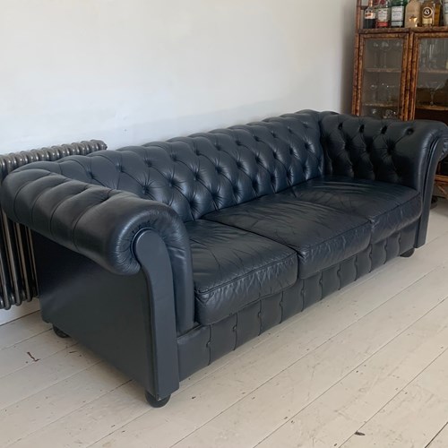 Dark Blue Late 20Th Century Leather Chesterfield Three Seater Sofa 