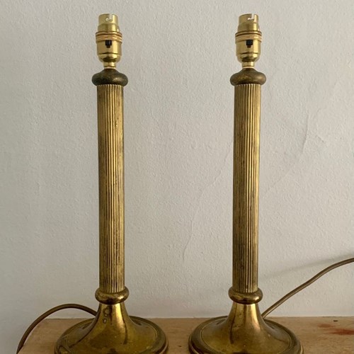 Pair Of Tall Brass Column Reeded Table Lamps