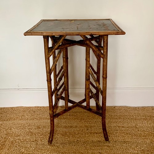 Antique Tiger Bamboo And Chinoiserie Side Table