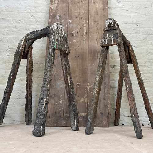 A Pair Of Stunning Antique Pine Boat Yard Trestles With Pine Tabletop