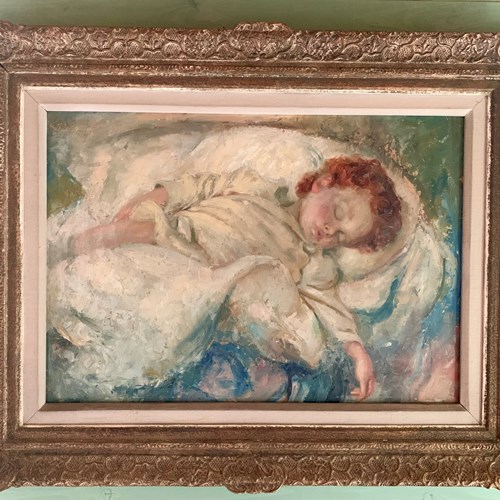 Large Mid Century Oil On Board - Sleeping Child