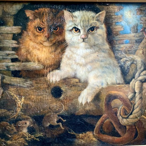 Cats On Night Hunt - Victorian Oil On Canvas