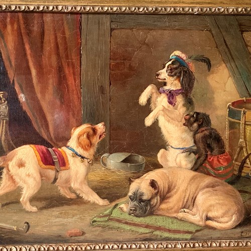 Circus Dogs & A Monkey Oil On Canvas