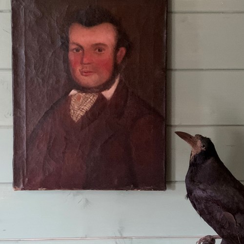 19Th C Naive School Oil Portrait