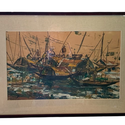 Mid Century Oil On Paper - Fishing Boats