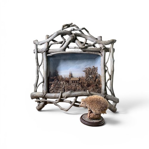 Exceptional Antique Cork Diorama With Twig Frame