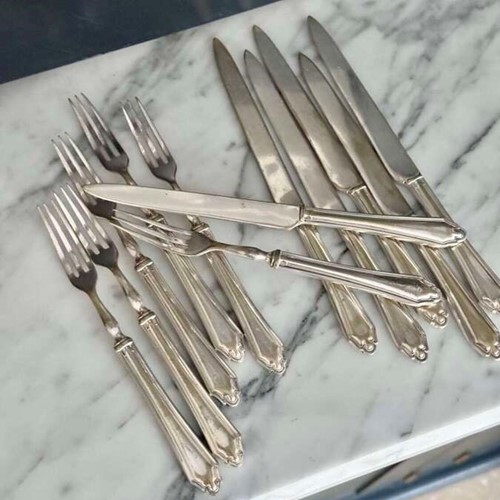 Art deco silver plated dessert fruit knives and forks for 6 guests