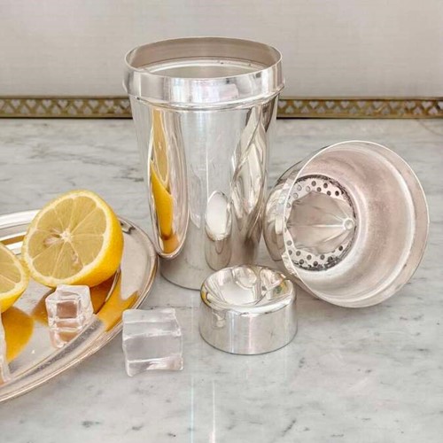 Rare English Art Deco Silver Plated Cocktail Shaker with integrated citrus squeezer