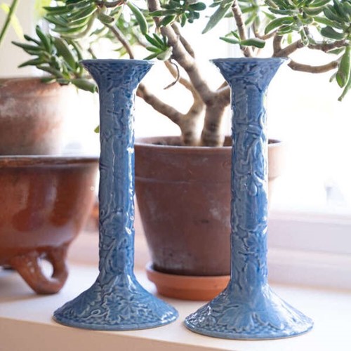Bordallo Pinheiro Blue Majolica Candlesticks