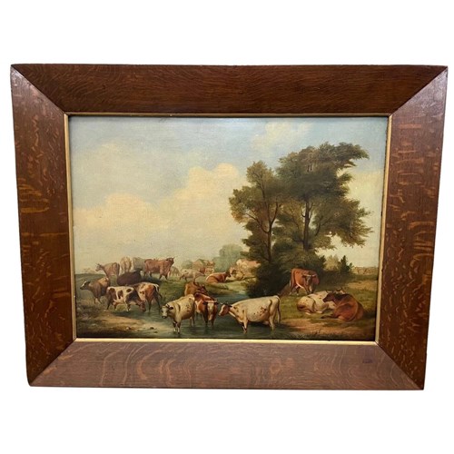 Large Georgian 18Th Century Oil Painting Aniamls Pastoral Cattle Gathered 