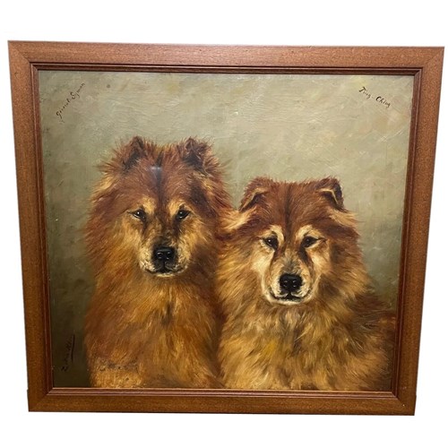 19Th Century Oil Painting Portrait Chinese Chow Chow Dogs Ting & Ching