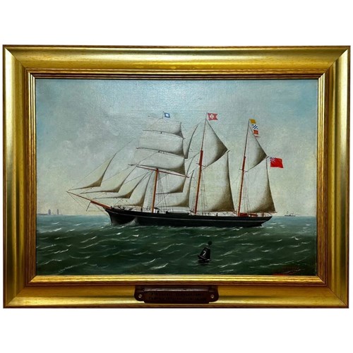 Antique French Oil Painting Barquentine Ship Charles James Off Dunki