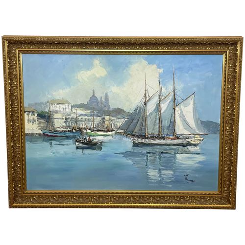Marine Oil Painting Tall Ship Dutch Fishing Harbour By Bernhard Laarhoven