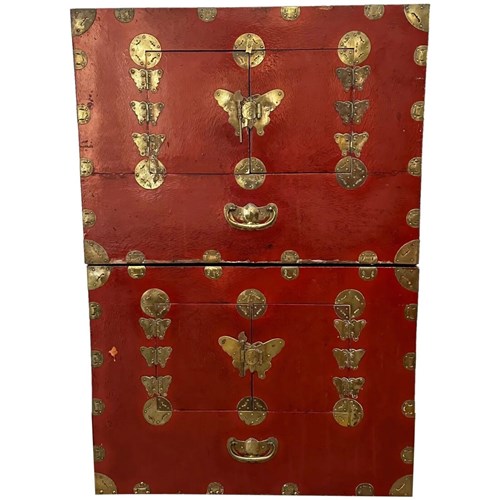 Pair Red Korean Stacking Chests